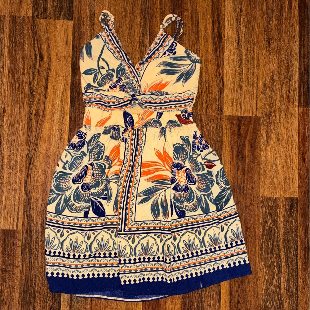 Angie Floral Boho Sun Dress Blue Orange Cream Twist Front Smocked Back Small